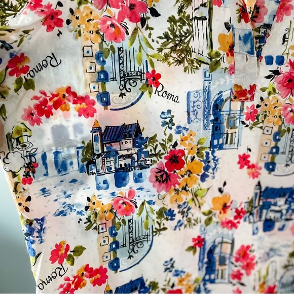 Vintage Floral Italian Roma Short Sleeve Collared Tunic Blouse Swiss Dot size XL - Picture 2 of 8